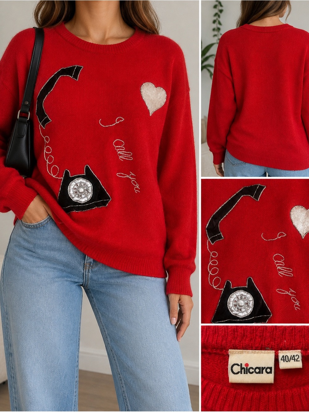 Vintage Chicara Red Telephone Heart Appliqué Novelty Sweater 40/42
